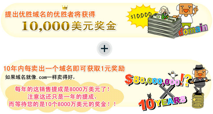 10年内每卖出一个域名即可获取1元奖励 如果域名就像.com一样卖得好，每年的这销售提成是8000万美元了！注意这还只是一年的提成，而等待您的是10个8000万美元的奖金！