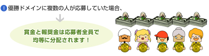 優勝ドメインに複数の人が応募していた場合、賞金と報奨金は応募者全員で均等に分配されます！