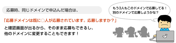 応募時、同じドメインで申込んだ場合は、「応募ドメインは既に○人が応募されています。応募しますか？」と確認画面が出るから、そのまま応募もできるし、他のドメインに変更することもできます！